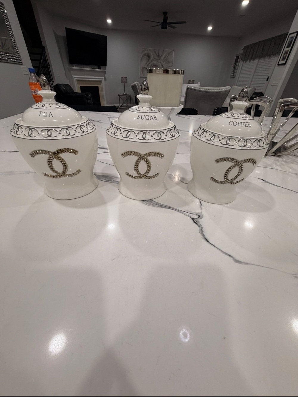 White Decorative Ceramic Tea Sugar Coffee Canister Set, Chanel dupe